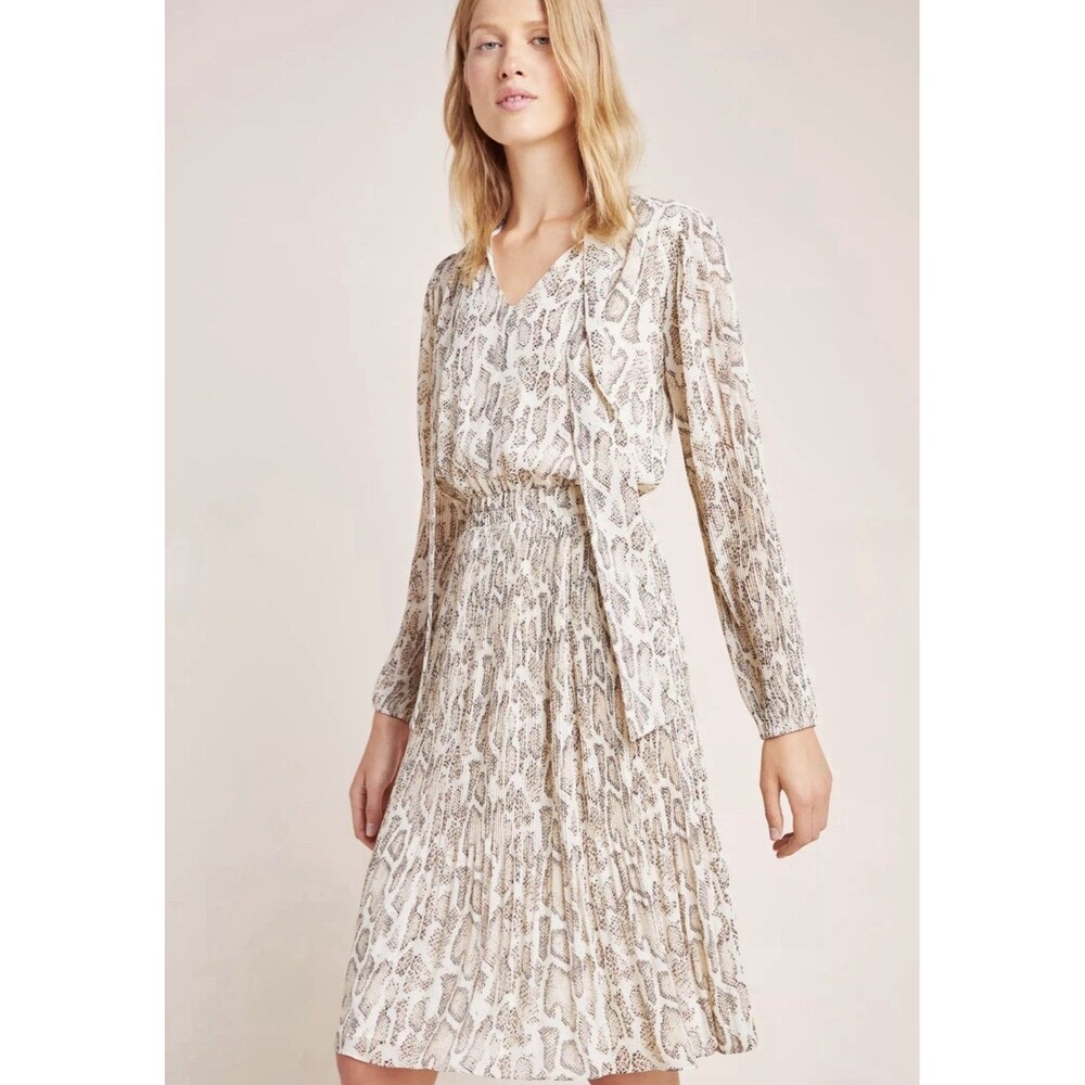 Anthropologie Current Air Olivia Snake Print Pleated Midi Dress Small Tie Neck